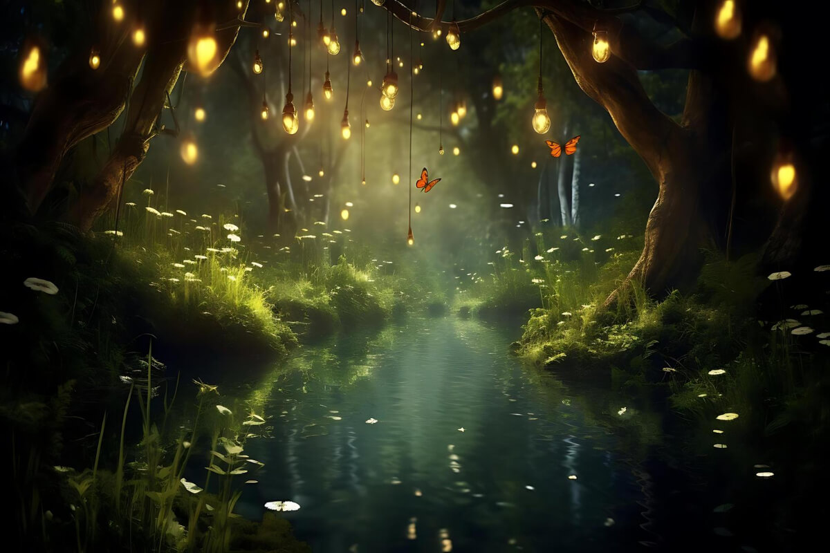 Eventyrskog med små lykter, trær og et myrvann som illustrasjon til Peter Pan på Drammens Teater