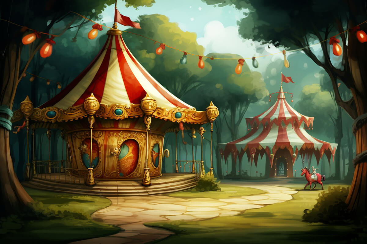 Bilde med eventyrsirkustelt plassert i en eventyrskog som illustrasjonsbilde til forestillingen Det uendelige sirkus i Olvashallen