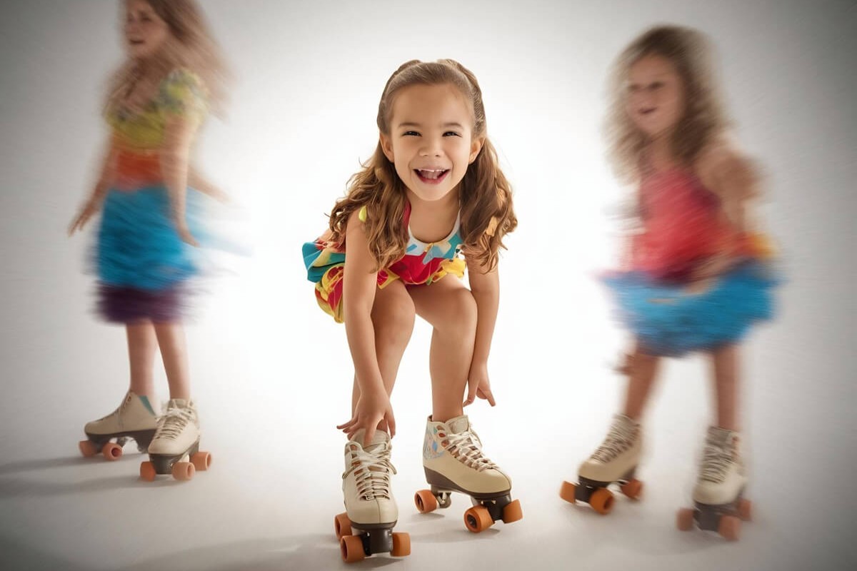 En jente smiler og står på rulleskøyter mens to andre barn ruller forbi i fargerike klær som illustrasjonsbilde for beskrivelsen av Roller Disco på Sentralen