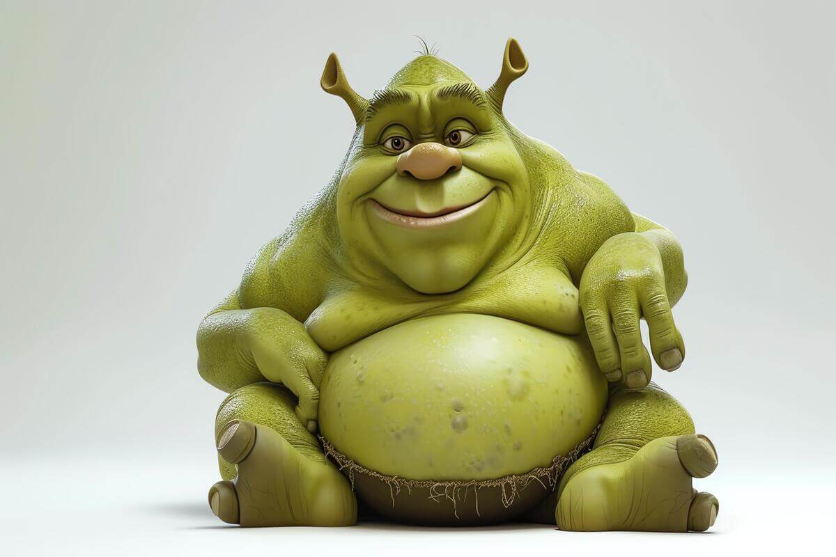 Generert grønt troll som sitter på et gulv mot en hvit bakgrunn