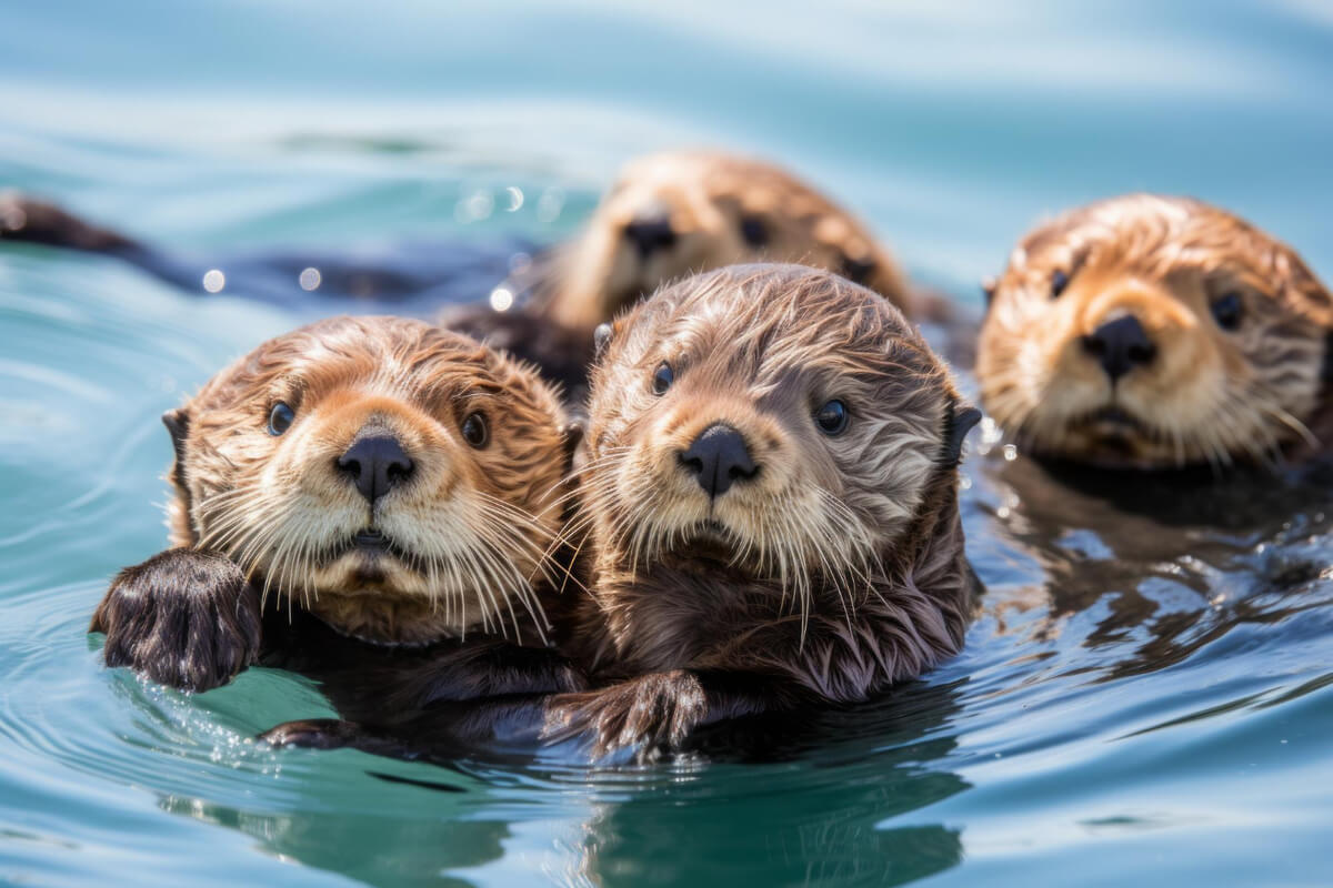 Fire otere med hodene over vann som stirrer inn i kamera, som illustrasjonsbilde til beskrivelsen av vinterferieaktiviteter på Akvariet i Bergen