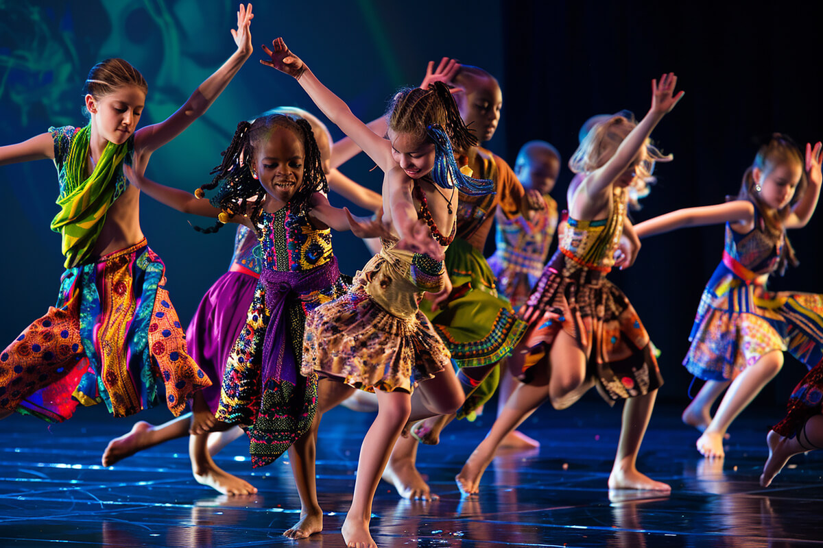 Barn i fargerike kostymer danser energisk på scenen under en forestilling