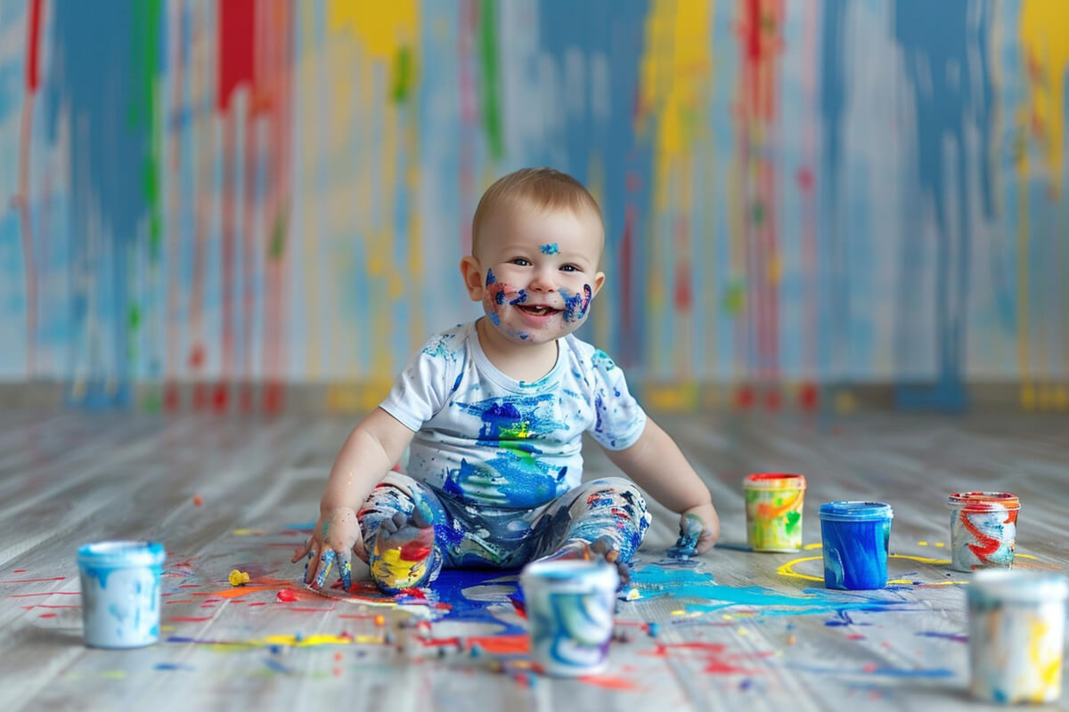Baby som sitter på et gulv og smiler med fargerik maling på hele bodyen og på gulv og vegger som illustrasjonsbilde for beskrivelsen av Babysans på Haugar kunstmuseum