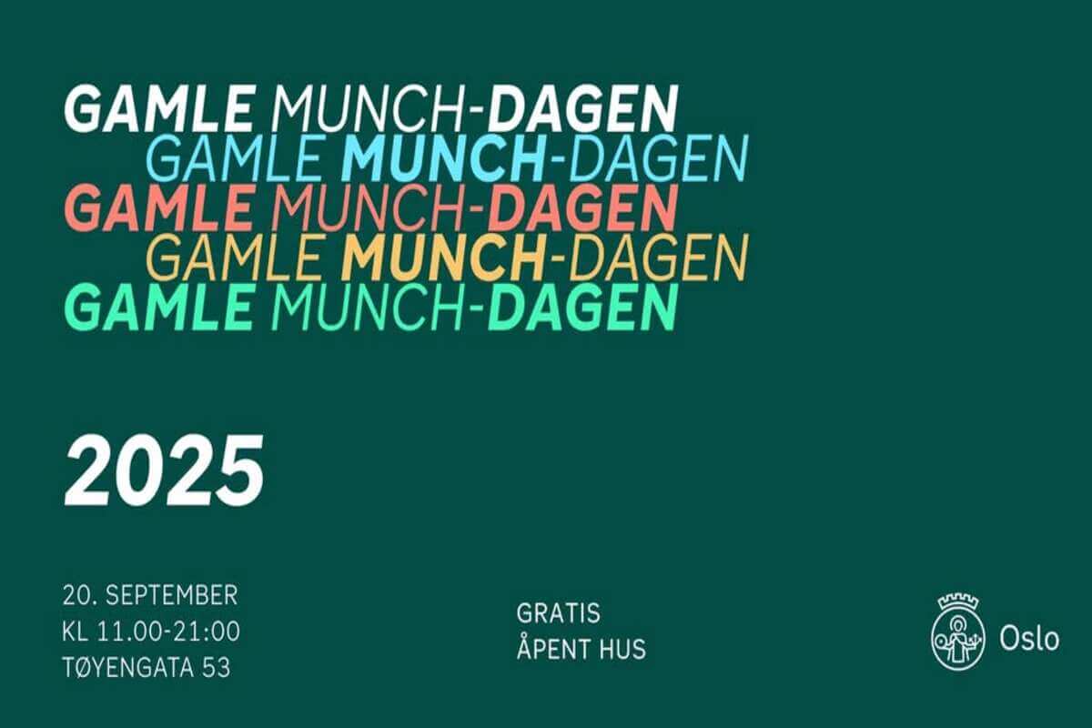 Plakat for Gamle Munch-dagen 2025, flerfarget tekst på mørkegrønn bakgrunn