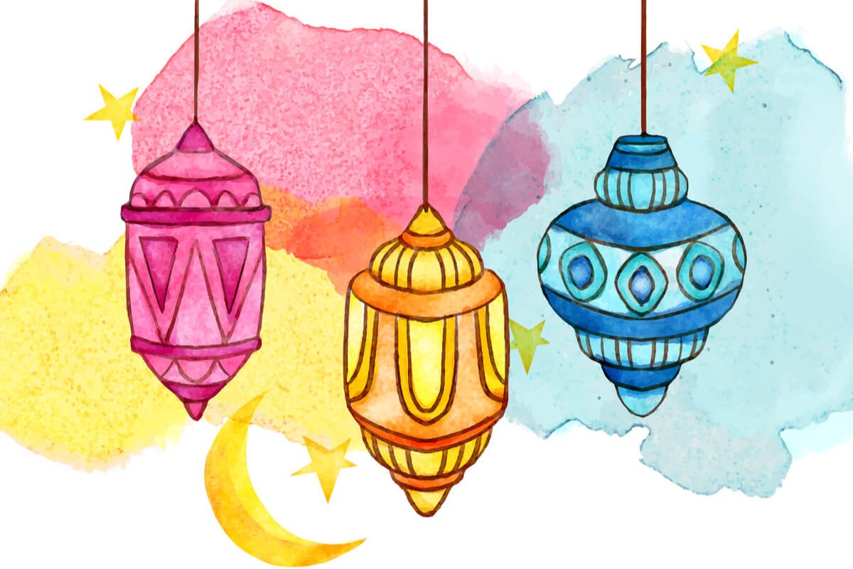 Tegning med tre lamper som henger i luften med fargede skyer bak og en måned som illustrasjonsbilde for Ramadanverksted på Lørenskog bibliotek