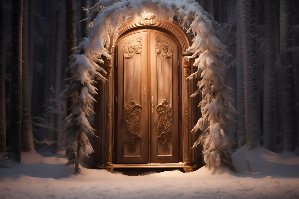 Inngangsdør med snø rundt og foran som illustrasjon til eventyret om Narnia på Trøndelag Teater