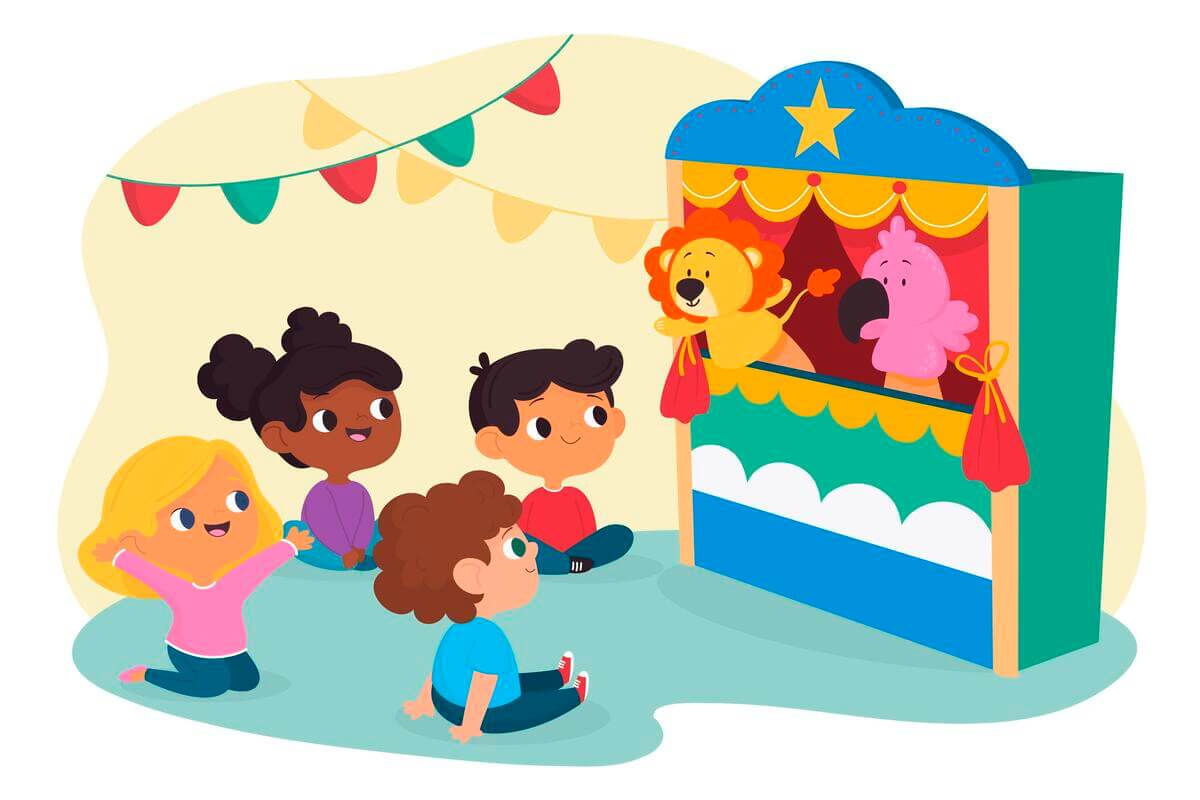 Illustrasjon av barn som ser på dukketeater med løve og papegøye-dukker på en fargerik scene. Glade barn i publikum, pyntet med flaggbanner. Barnefestival.