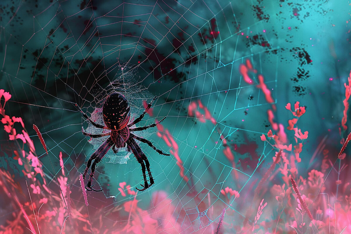 Illustrasjon med edderkopp i ett nett med turkis og pink bakgrunn som illustrasjonsbilde til Operasjon Edderkopp i Ullensaker Kulturhus