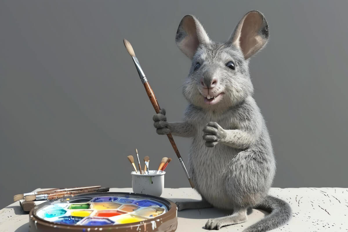 En illustrert mus holder et malerpensel foran en palett med farger, klar til å male, som illustrasjonsbilde for Barnas Kunstdag med Sarah Camille på MUnch