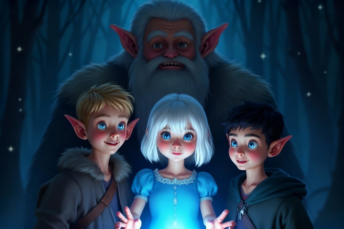 Fire eventyrlige figurer står i en mørk skog og ser mot et magisk blått lys som lyser opp ansiktene deres som illustrasjonsbilde for beskrivelsen av familieforestillingen Nordlys på Edderkoppen Scene