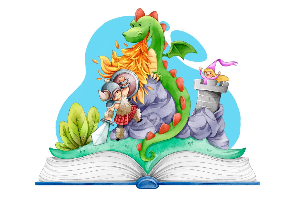 Illustrasjon med en tegnet drage som spruter ild på en ridder foran en åpen bok mens en prinsesse vinker fra et tårn, som illustrasjonsbilde for beskrivelsen av Barnas lørdag på Deichman Røa