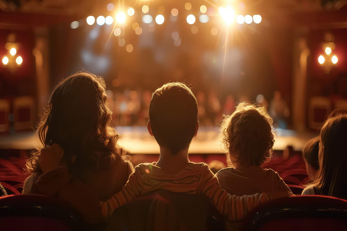Familie som sitter tett sammen i et teater og ser på en forestilling med opplyst scene i bakgrunnen, som illustrasjonsbilde for familieforestillinger og teater for barn i Askim Kulturhus