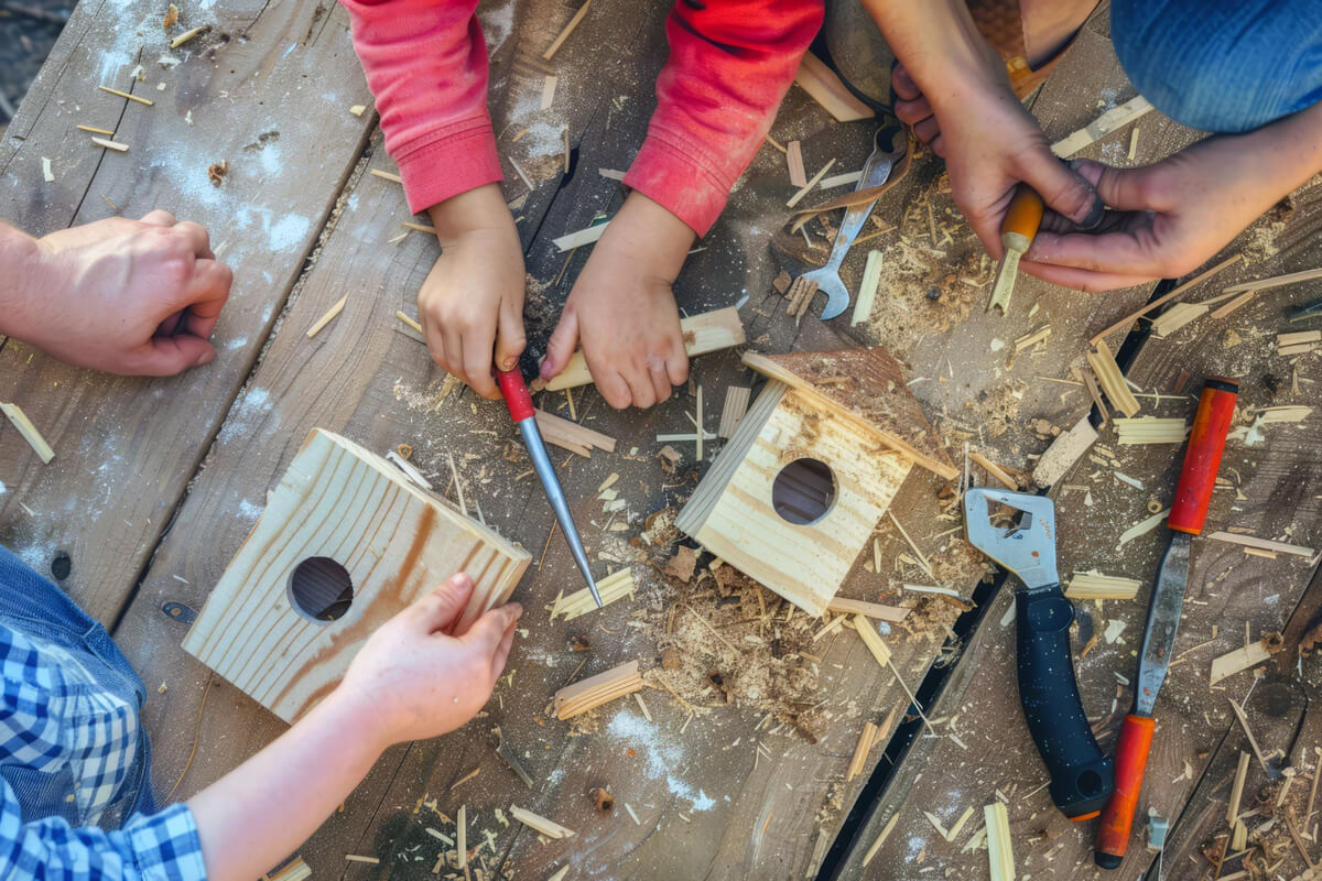 Barn som snekrer fuglekasser sammen ved et arbeidsbord under en utendørs aktivitet