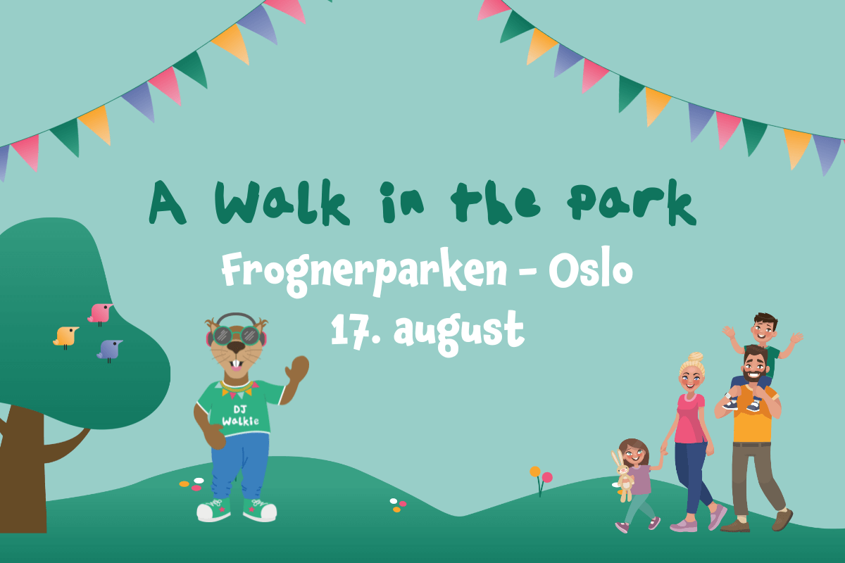 Plakat for familiefestivalen A Walk in the Park i Oslo med maskoten og en mor med en datter mot grønn bakgrunn