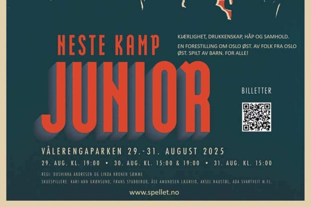 Plakat for Østkantspellet 2025 «Neste Kamp – Junior» med spilledatoer 29.–31. august utenfor Vålerenga kirke