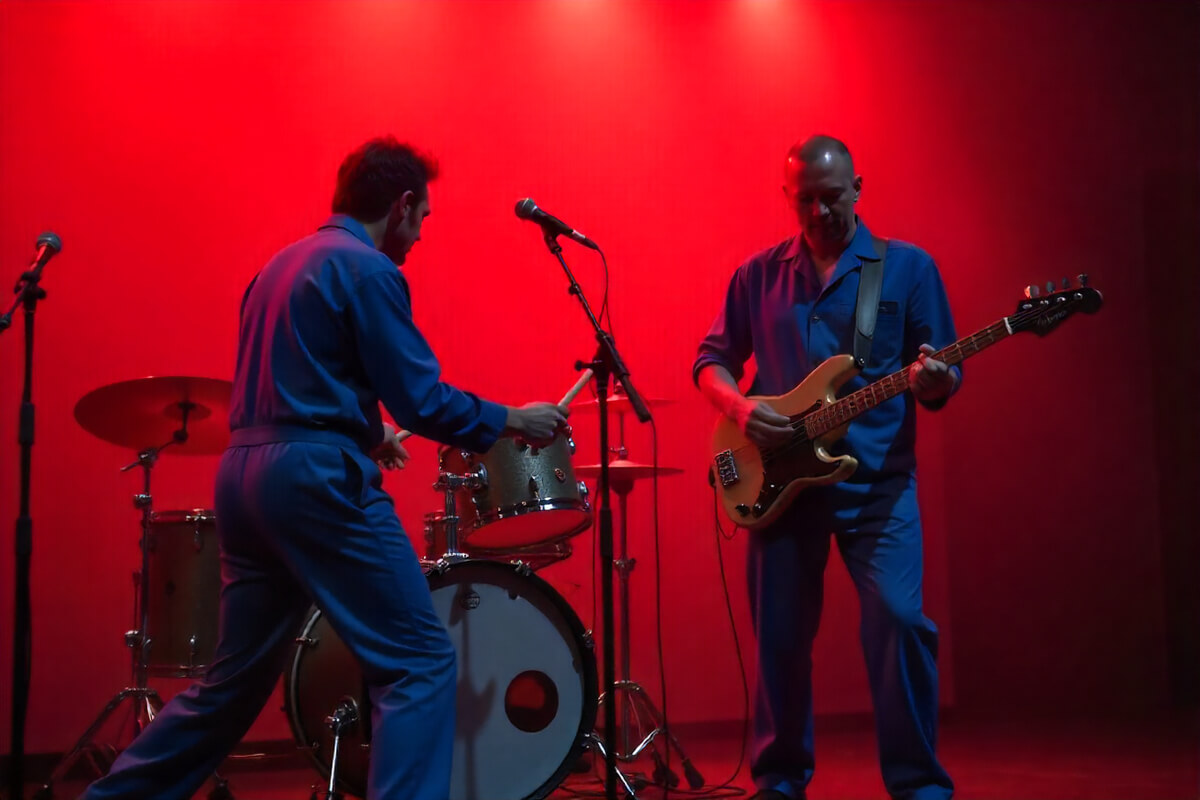 To musikere opptrer på en scene badet i rødt lys, den ene spiller bass mens den andre gjør klar slagverket som illustrasjonsbilde for arrangementsbeskrivelsen av Bajazzfestivalen på USF Verftet