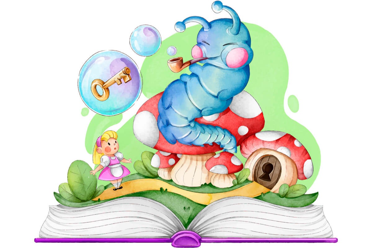 Illustrasjon av en eventyrscene med Alice og en blå larve på sopp, som stiger opp fra en åpen bok som illustrasjonsbilde for Barnas lørdag på Deichman Lambertseter