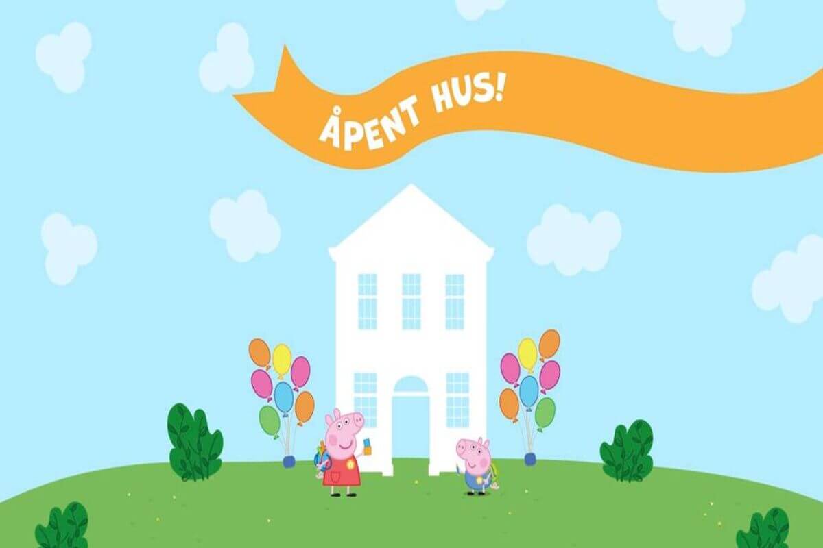 Illustrasjonsplakat med blå himmel, grønt gress, Gyldendalhuset som en hvit silhuett, og Peppa Gris med venn foran huset som illustrasjonsbilde for åpent hus med Peppa Gris på Gyldendalhuset
