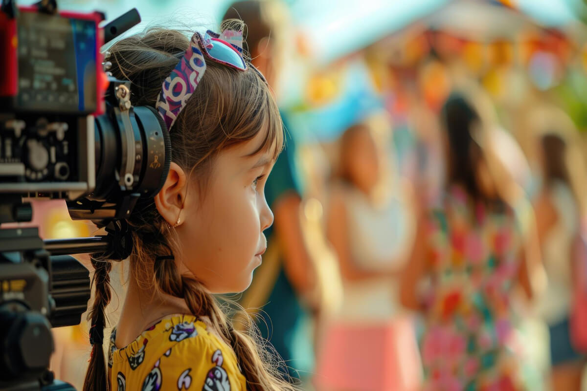 Jente ved siden av et kamera med mange mennesker i bakgrunnen som illustrasjonsbilde for TIFF junior filmfestival i Tromsø