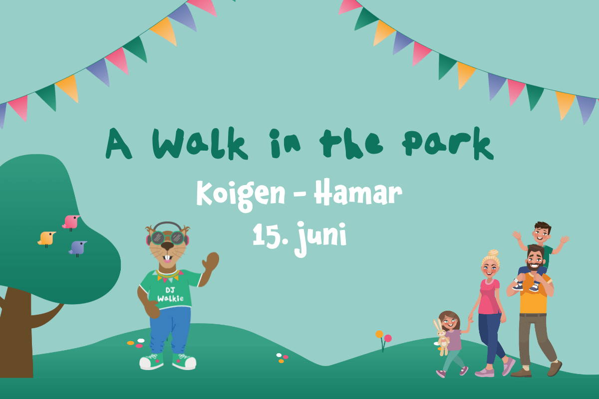 Plakat for familiefestivalen A Walk in the Park i Hamar med maskoten og en mor med en datter mot grønn bakgrunn
