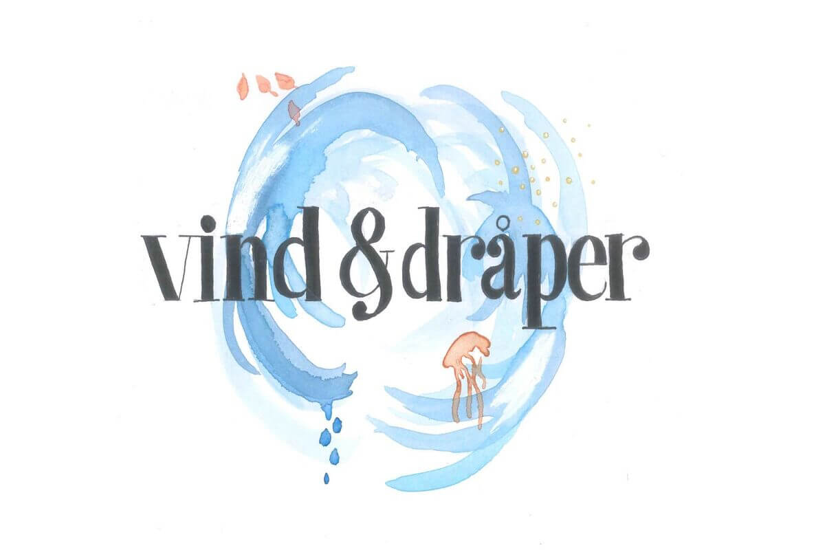 Illustrasjonsplakat til forestillingen Vind & dråper på Sentralen, blått mønster på hvit bakgrunn med tittelen på stykket