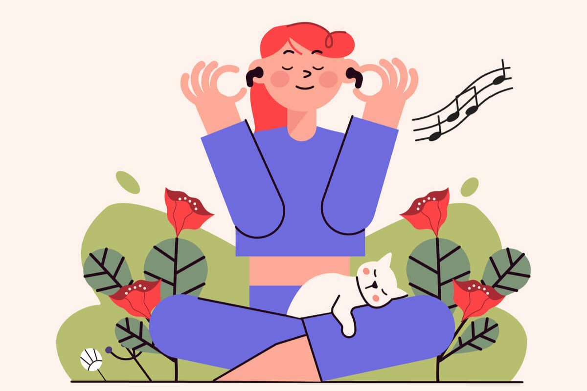 Illustrasjon av dame som hører musikk i ørepropper med en katt og i våraktige omgivelser som illustrasjonsbilde til Været om våren i Grieghallen