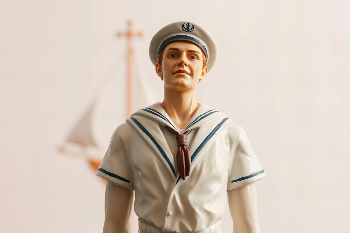 Keramikkfigur av mann i matrosdrakt fra livet og opp