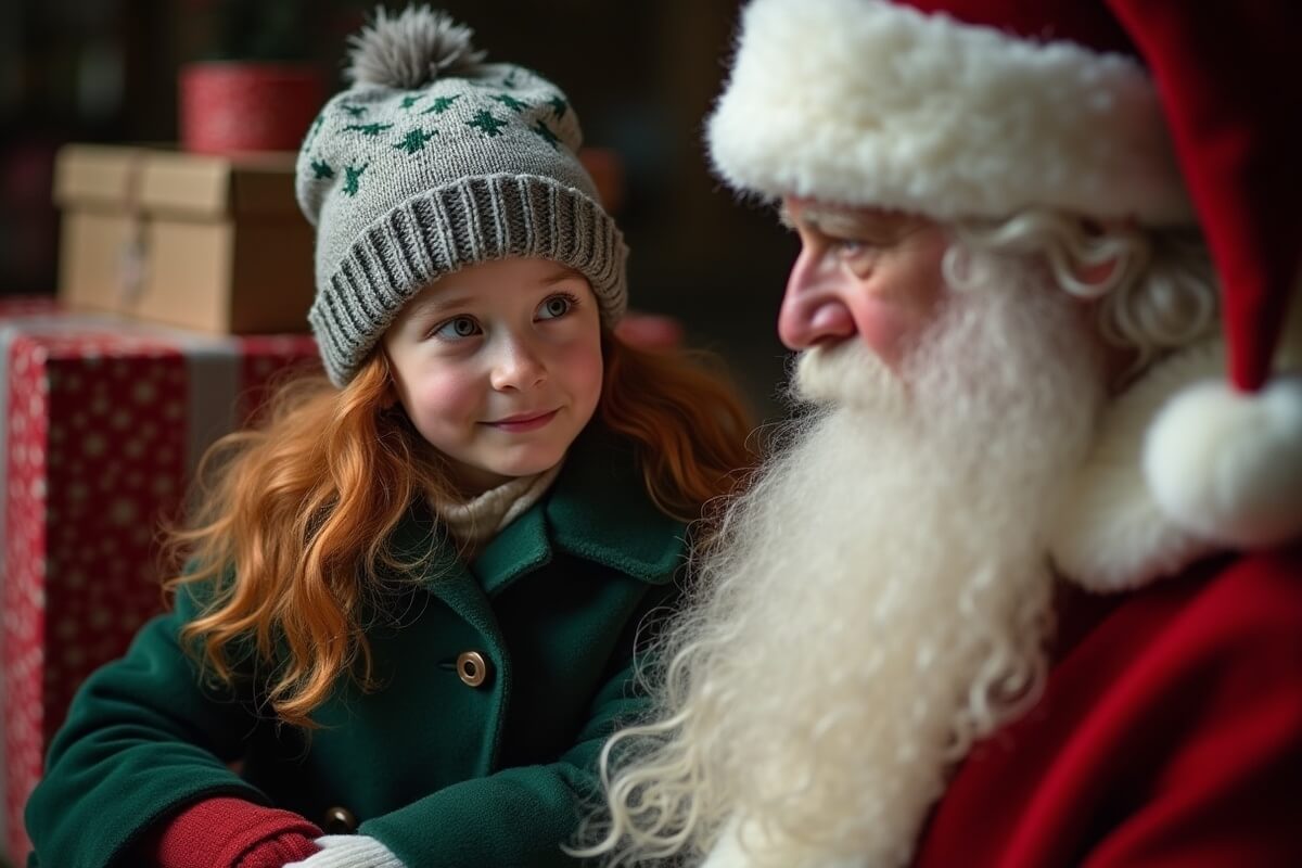 En liten jente med rød kåpe og lue ser forventningsfullt på julenissen mens de snakker sammen omgitt av julegaver som illustrasjonsbilde for beskrivelsen av forestillingen Den vesle bygda som glømte at det var jul i Prøysenhuset