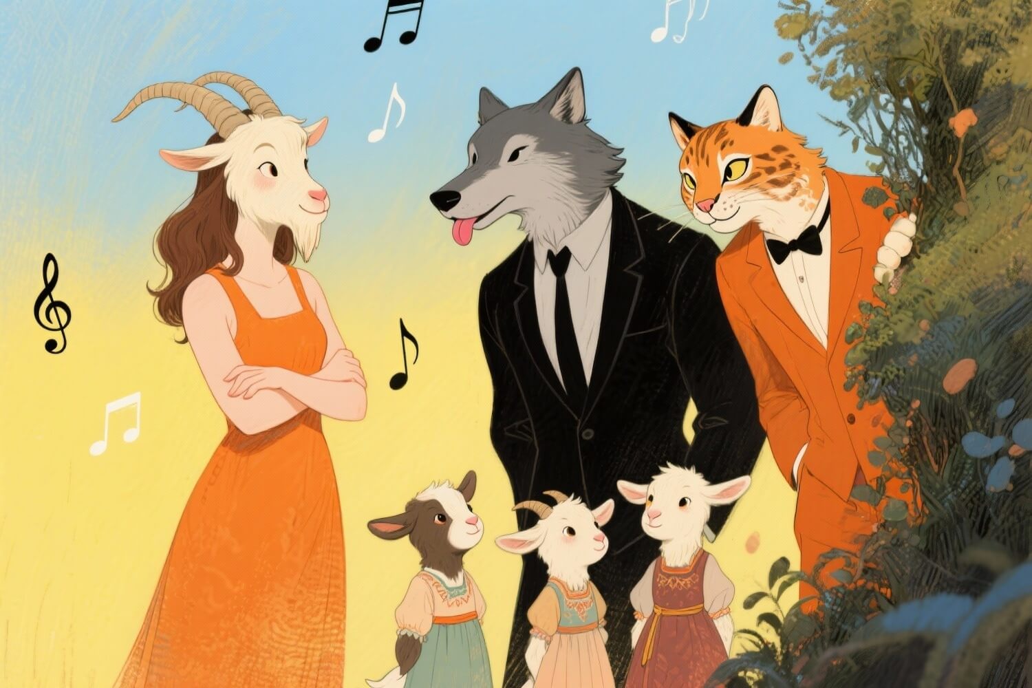 Illustrasjon av en geitemor med geitekillinger, en ulv i dress og en gaupe i smoking omgitt av musikalske noter i et fargerikt eventyrmotiv som illustrasjonsbilde til beskrivelsen av familiemusikalen Ulverock på Sandvika Teater
