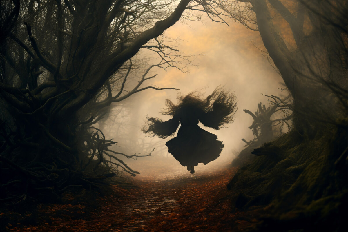 Silhuett av kvinne med flagrende hår og kjole som løper gjennom en mørk, tåkete skog – stemningsfullt fantasybilde med mystikk og dramatisk lyssetting