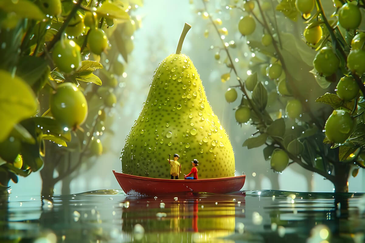 To små figurer i robåt frakter en gigantisk, duggfrisk pære gjennom en fantasifull vannvei omgitt av grønne frukttrær som illustrasjonsbilde for arrangementsbeskrivelsen av forestillingen Den utrulege historia om den kjempestore pæra på Det Vestnorske Teateret