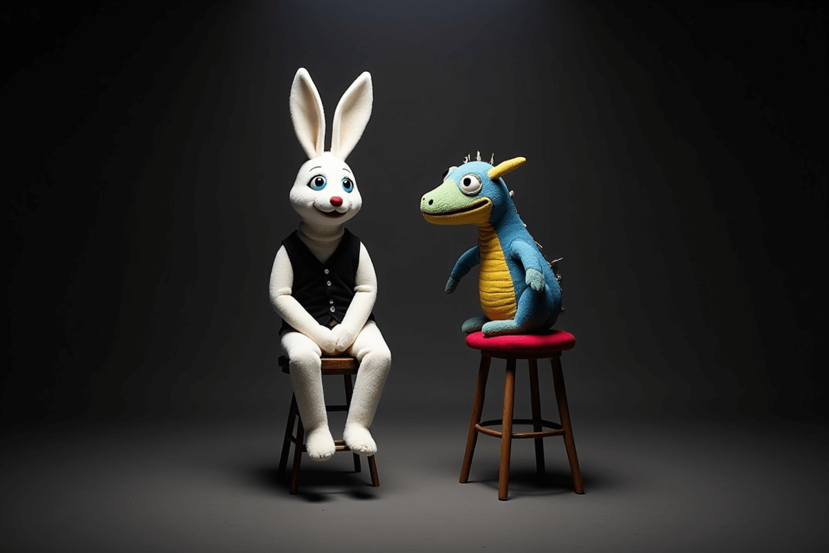 To dukker, en hvit kanin og en blå drage, sitter på hver sin stol under scenelys mot en mørk bakgrunn som illsutrasjonsbilde for forestillingen Livet med dukker med Erik Mogeno på Edderkoppen Scene