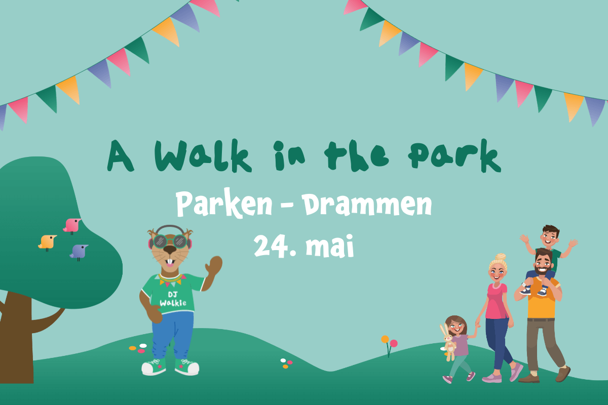 Plakat for familiefestivalen A Walk in the Park i Drammen med maskoten og en mor med en datter mot grønn bakgrunn
