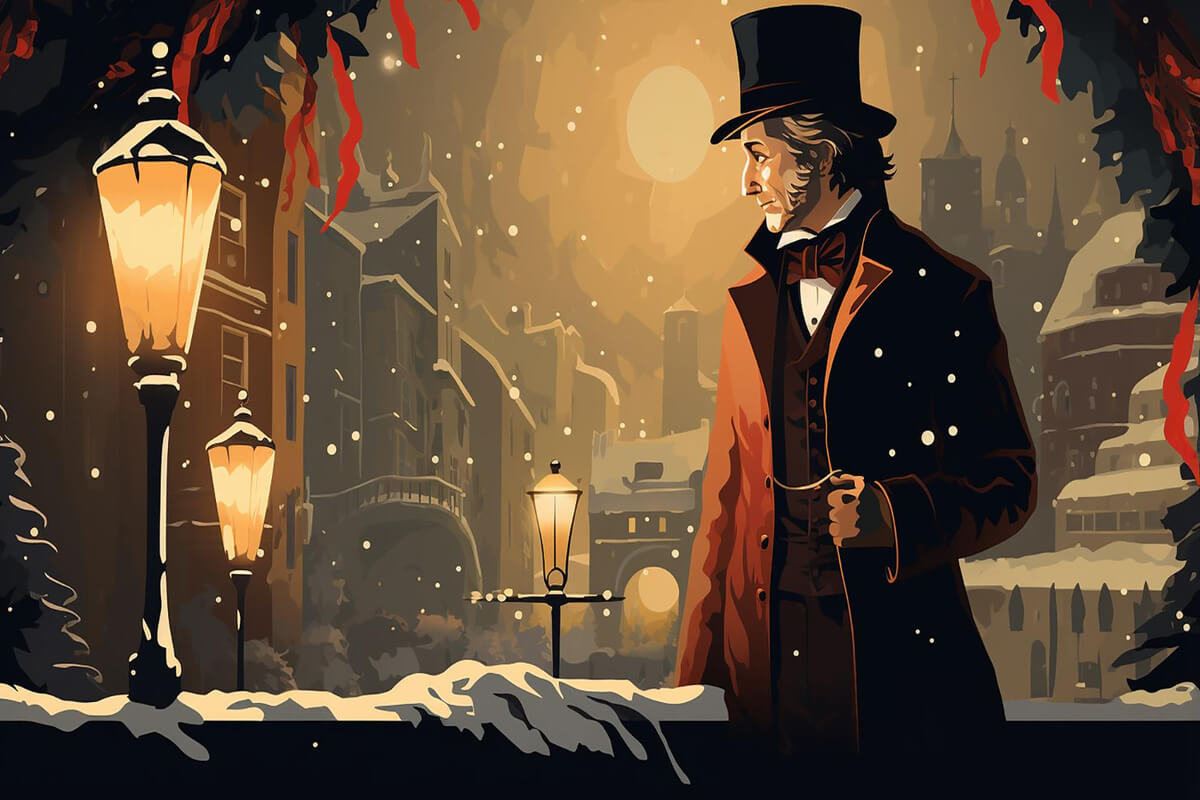 Illustrasjon av Ebenezer Scrooge som står alene i en snødekt, stemningsfull bygate opplyst av gatelykter, med tydelig julestemning inspirert av Charles Dickens’ «En julefortelling».