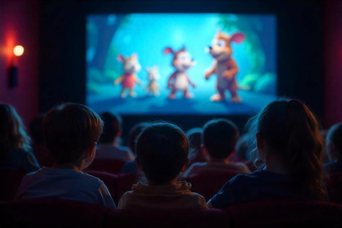 Barn ser på en animasjonsfilm på kino sammen i en mørklagt sal, som illustrasjonsbilde for beskrivelsen av Barnas kino på Deichman Røa