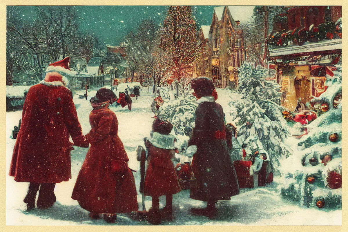 Postkort med gammelt julemotiv med familie i snøkledd by som illustrasjon for Jul for 100 år siden familieomvisningen på Bymuseet i Oslo