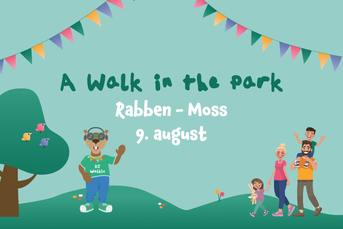 Plakat for familiefestivalen A Walk in the Park i Moss med maskoten og en mor med en datter mot grønn bakgrunn