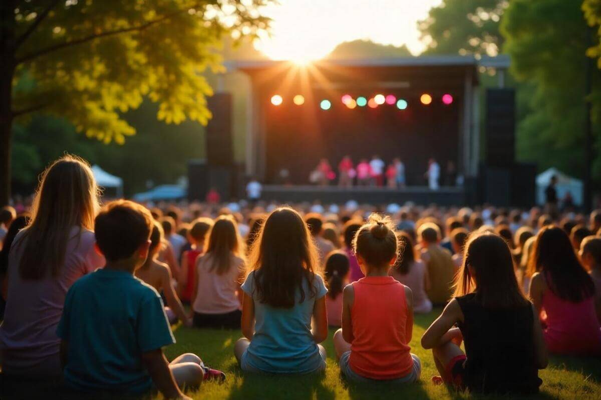 Barnefamilier og barn sitter på gresset og ser på en fargerik utendørsscene under en barnefestival, omgitt av sollys og grønt festivalområde