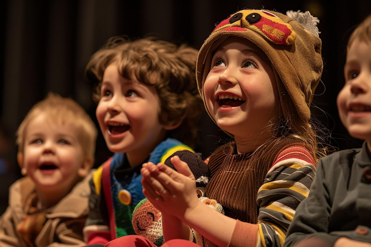 Små barn sitter sammen og ler begeistret mens de følger med på en forestilling, som illustrasjonsbilde for beskrivelsen av Eventyrstund i Kongelosjen på Nationaltheatret