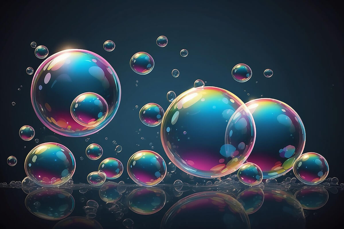 Bobler med reflekser i flere farger mot en mørk bakgrunn som illustrasjonsbilde for Fisboblefest i Olavshallen