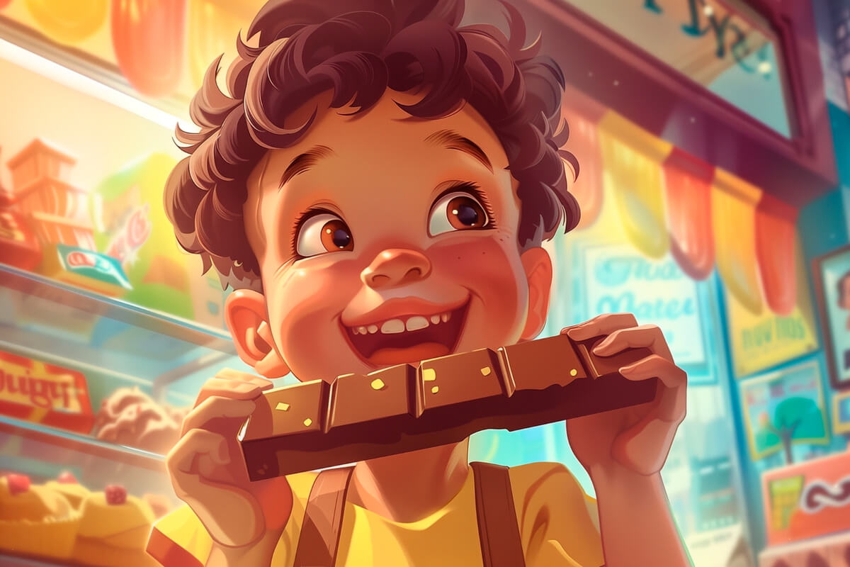 Illustrasjon av gutt som spiser sjokolade med et stort smil som illustrasjon for Karius og Baktus på Sarpsborg scene 