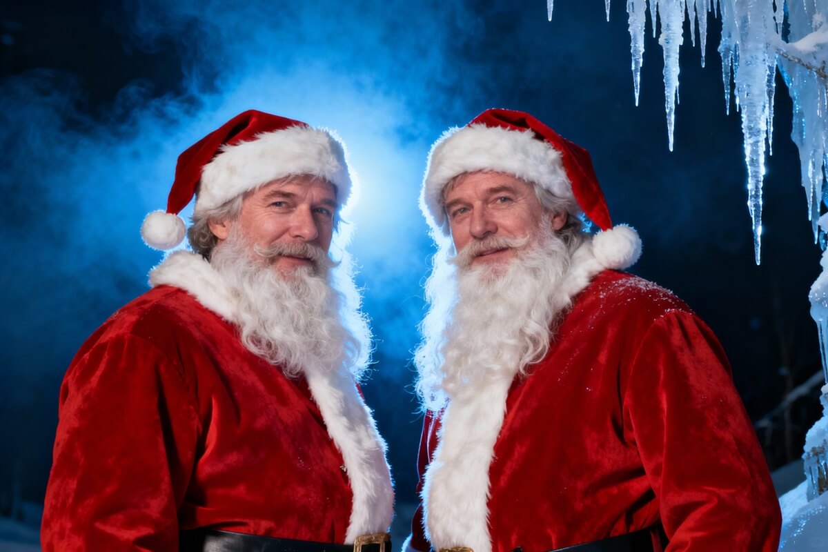 To nisser i røde drakter og hvite skjegg står sammen ute i vinterkulden med iskrystaller hengende i bakgrunnen, som illustrasjonsbilde for beskrivelsen av juleforestillingen "Snekker Andersen og Julenissen" på Blå Grotte