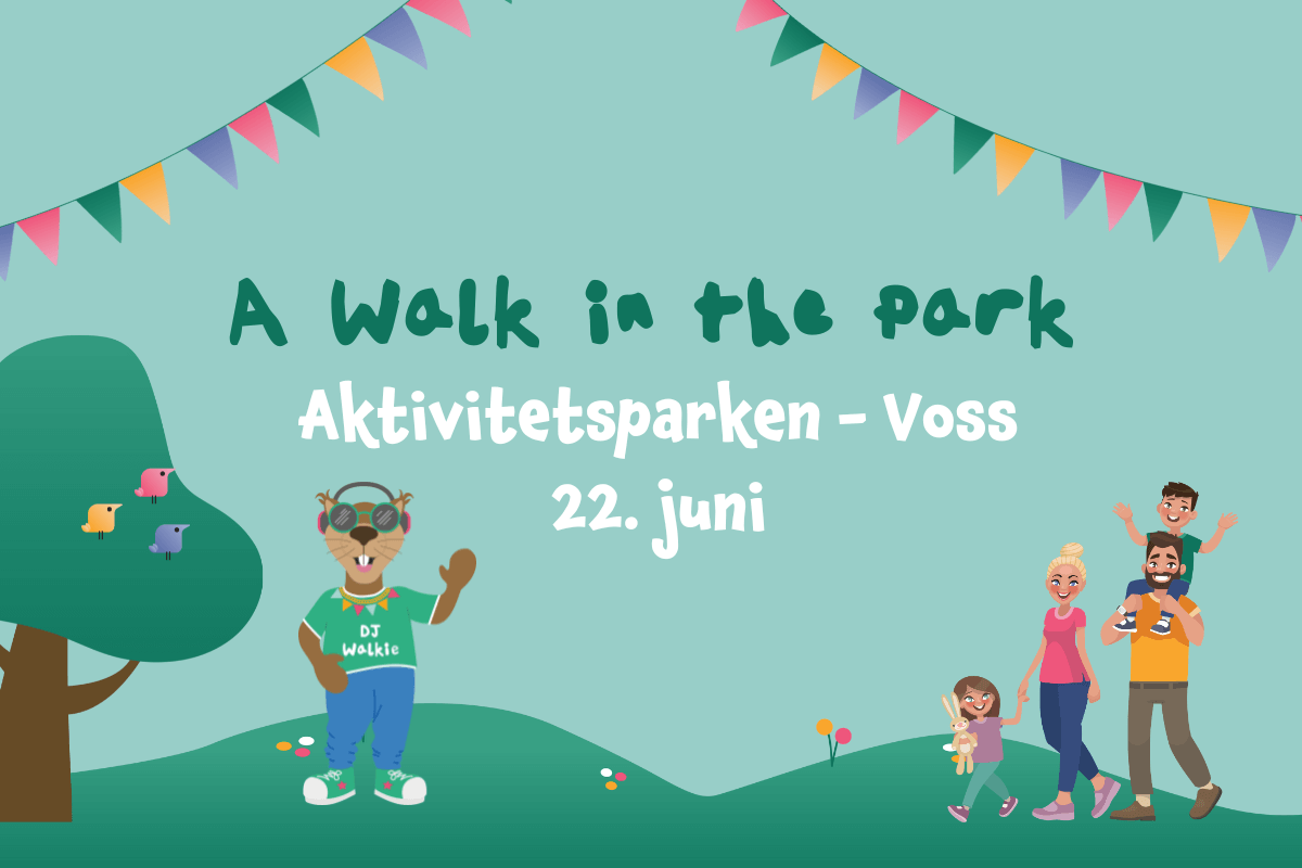 Plakat for familiefestivalen A Walk in the Park på Voss med maskoten og en mor med en datter mot grønn bakgrunn