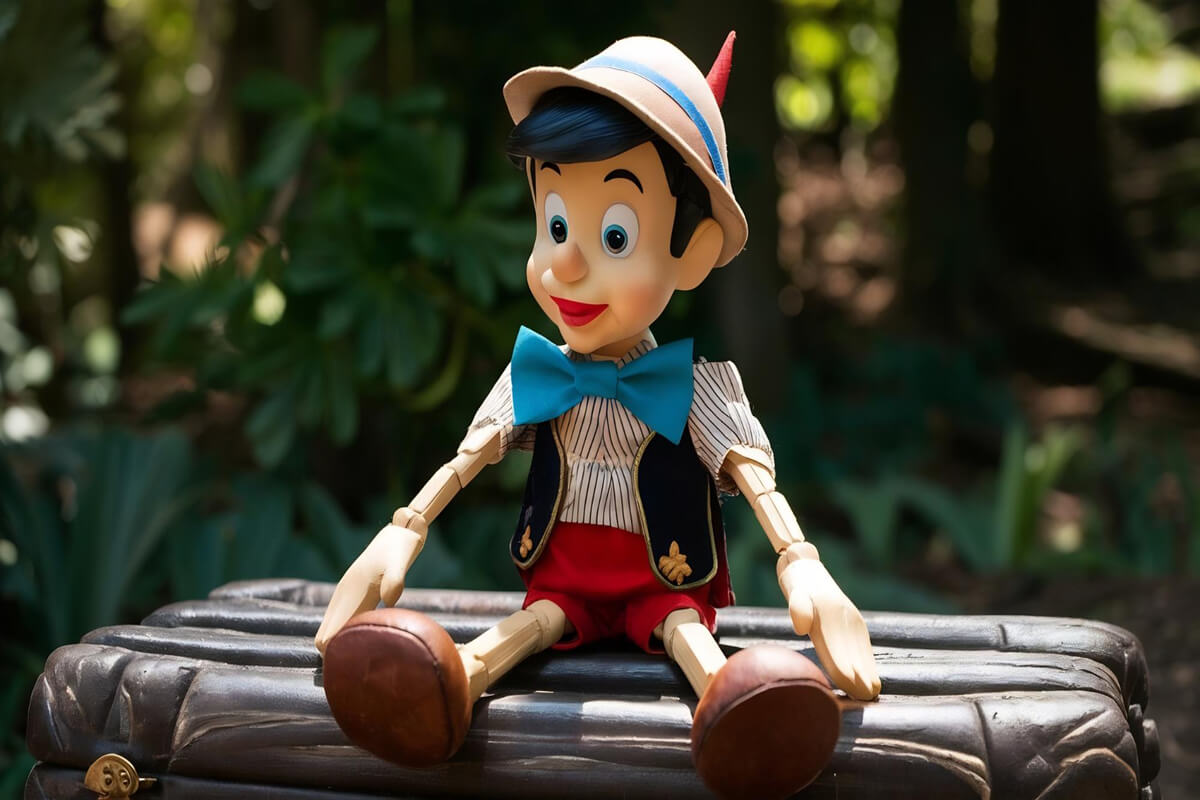 Pinocchio-dukke som sitter på en koffert ute i naturen som illustrasjon til Pinocchio i regi av Festspillene i Bergen på Det Vestnorske Teateret