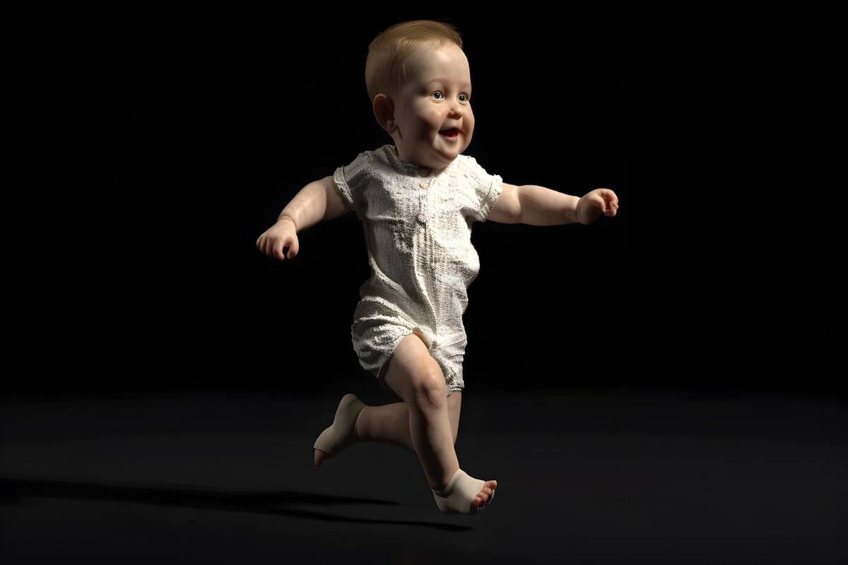 Smilende baby som løper i hvit sparkedress på mørk bakgrunn – energisk og livlig barn i bevegelse