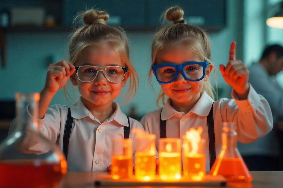 To barn med vernebriller smiler mens de utfører et fargerikt kjemieksperiment med lysende væsker i laboratorieglass