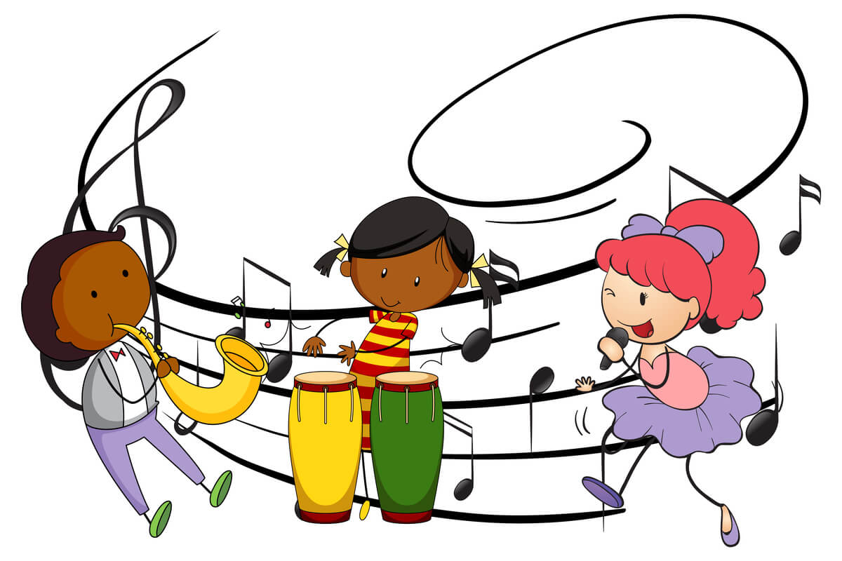 Illustrasjon med tre barn som henholdsvis synger, og spiller på trommer og saksofon, som illustrasjonsbilde for beskrivelsen av konsertserien Blårollinger på Nordic Black Theatre & Cafeteatret