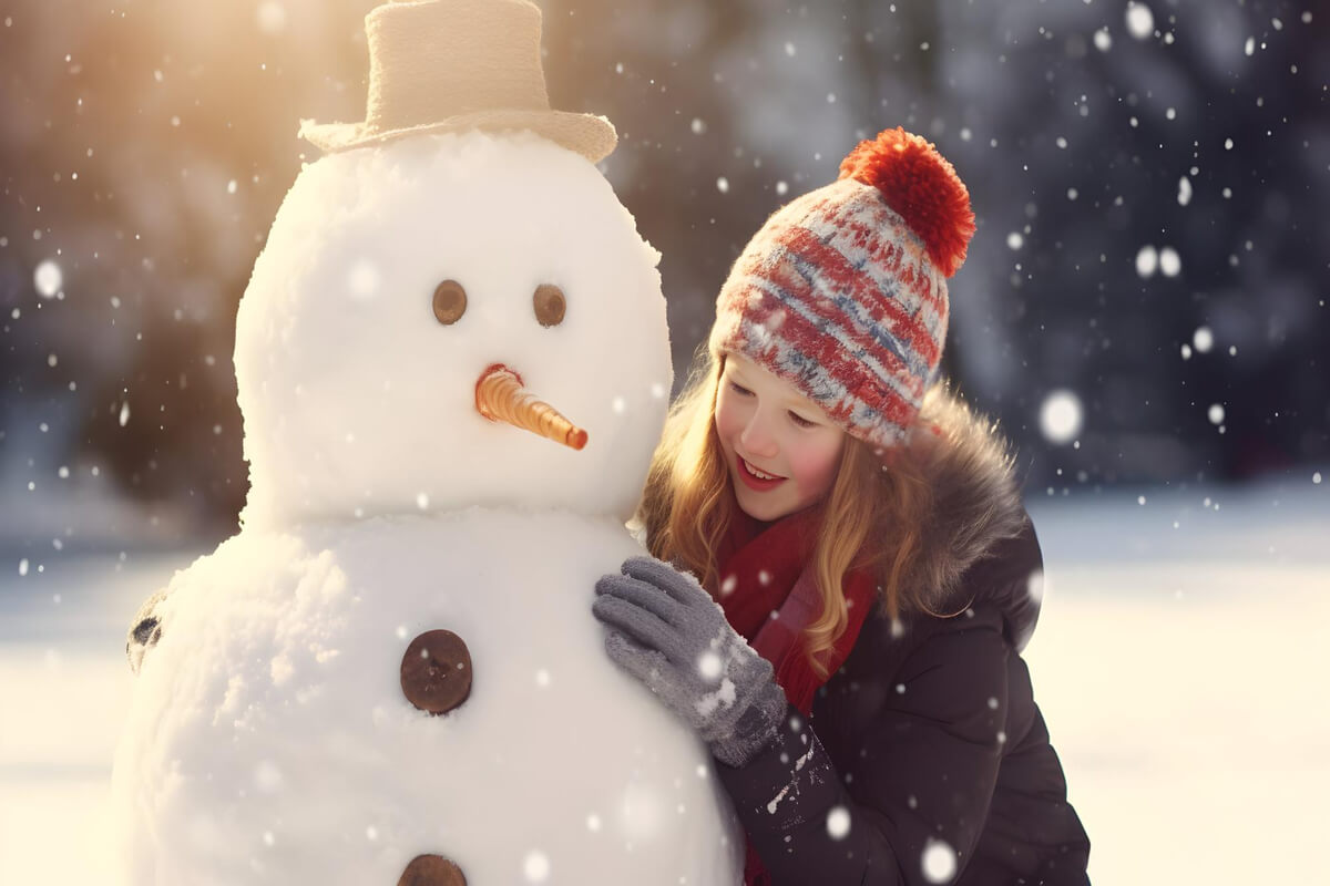Snømann med hatt og gulrotnese med jente med topplus og hansker som sitter på huk ved siden av som illustrasjon til julemusikalen Ada og Snømannen på Lillestrøm Kultursenter 