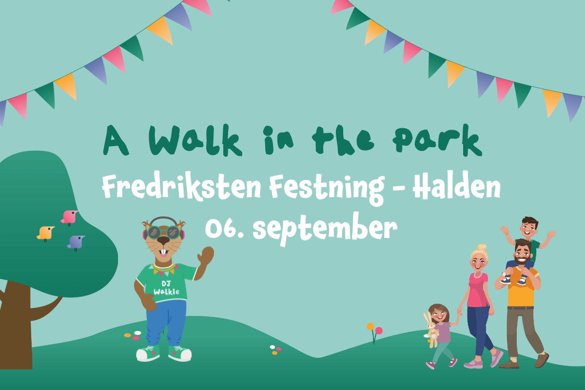 Plakat for familiefestivalen A Walk in the Park i Halden med maskoten og en mor med en datter mot grønn bakgrunn