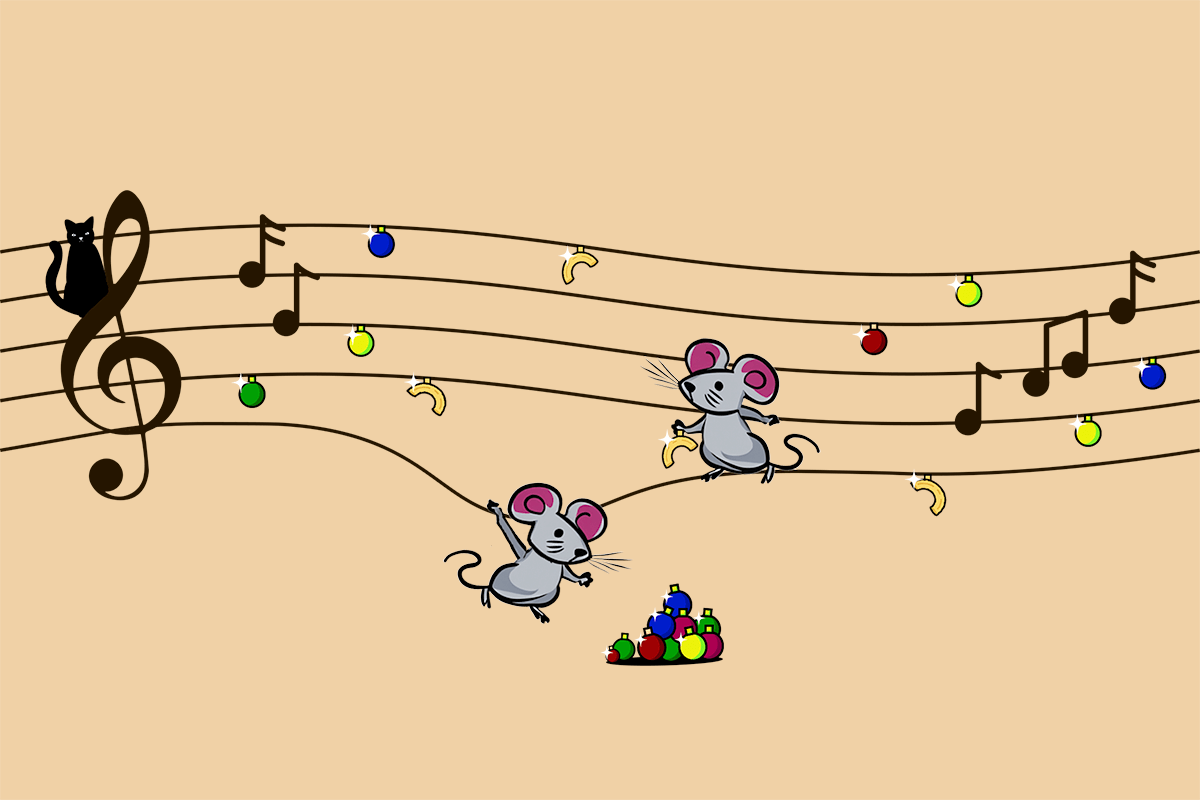 To mus klatrer på noter i et musikalsk julemotiv med fargerike kuler og en katt som titter frem fra en fiolnøkkel som illustrasjonsbilde for forestillingen Jul i Musehuset på Sentralen.